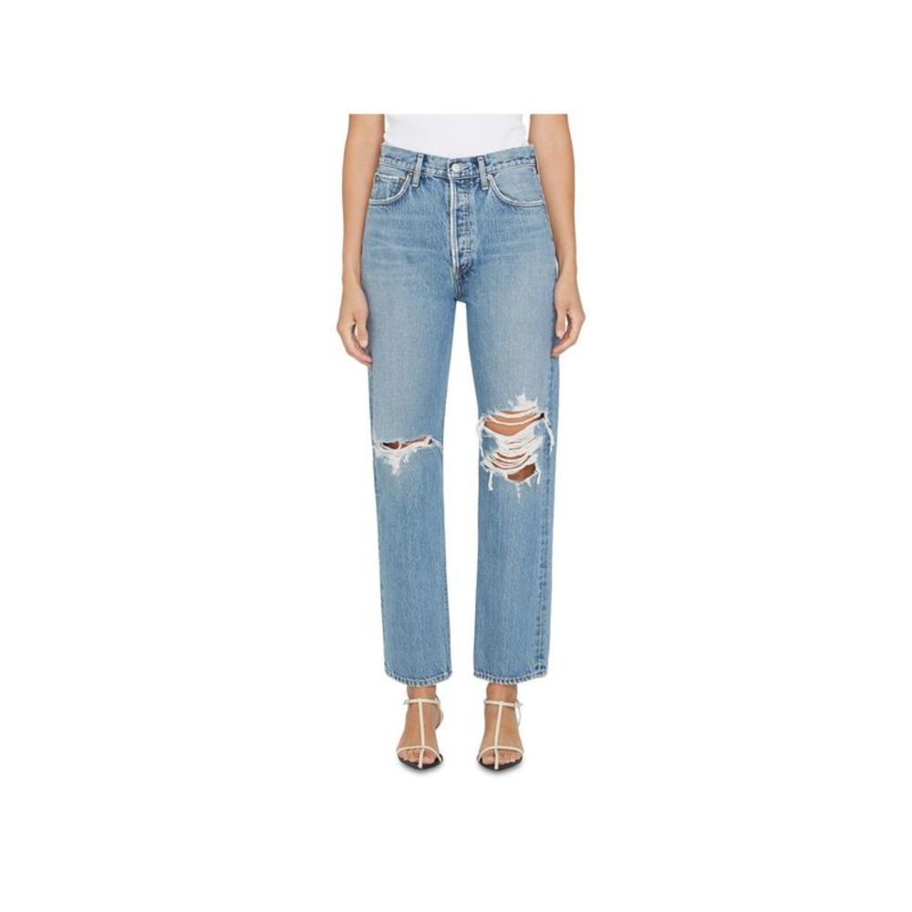 A Gold E Womens Blue Denim Zippered Pocketed Ripped Raw Hem Cropped Jeans 27